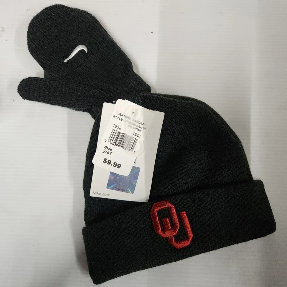 Nike Oklahoma Sooners Toddler Beanie Hat With Mittens 2/4T Black Red Acrylic 169